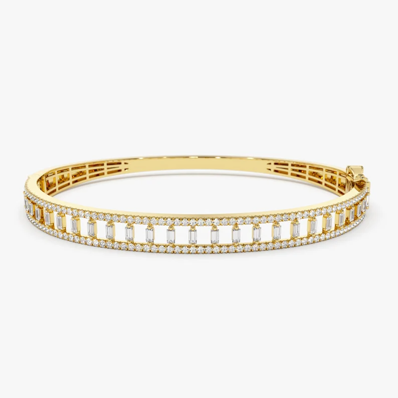 14K Solid Gold Baguette And Round Diamond Bangle Bracelet  customdiamjewel 10 KT Solid Gold Yellow Gold VVS-EF