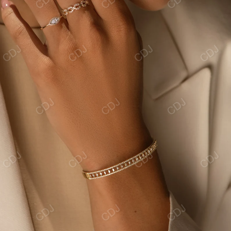 14K Solid Gold Baguette And Round Diamond Bangle Bracelet  customdiamjewel   