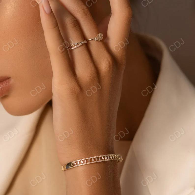 14K Solid Gold Baguette And Round Diamond Bangle Bracelet  customdiamjewel   