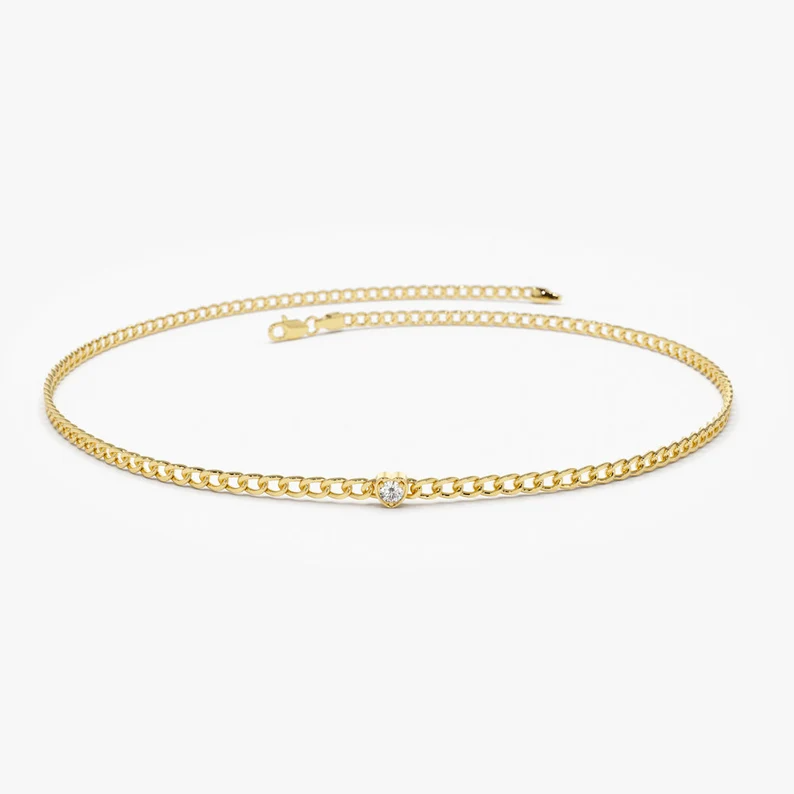 2MM Cuban Curb Link Chain Heart Shape Bezel with a Round Solitaire Diamond Bracelet  customdiamjewel 10 KT Solid Gold Yellow Gold VVS-EF