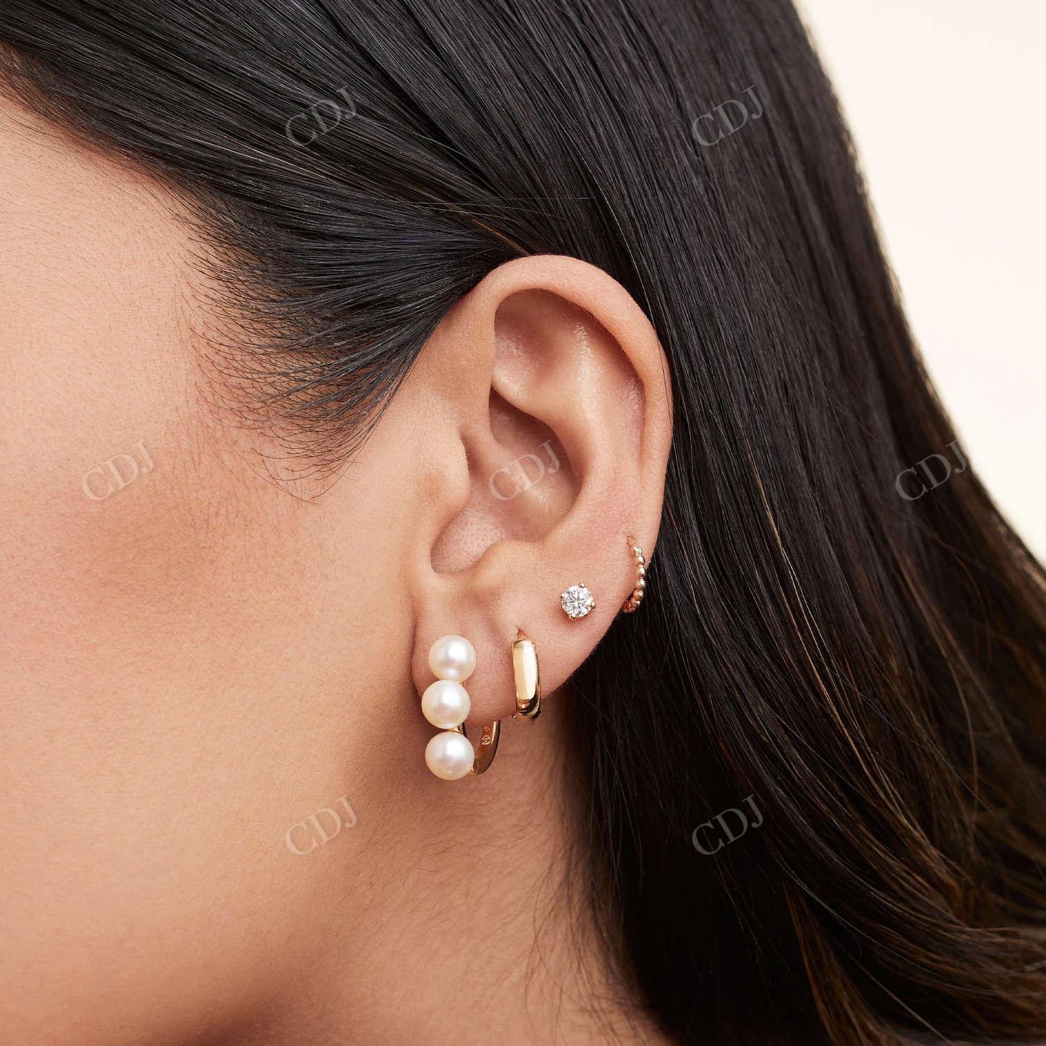 Unique Bold Pearl Trio 14K Solid Gold Hoops Earring  customdiamjewel   