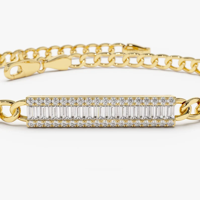 14k Gold Baguette and Round Real Diamond Curb Link Bar Bracelet  customdiamjewel   