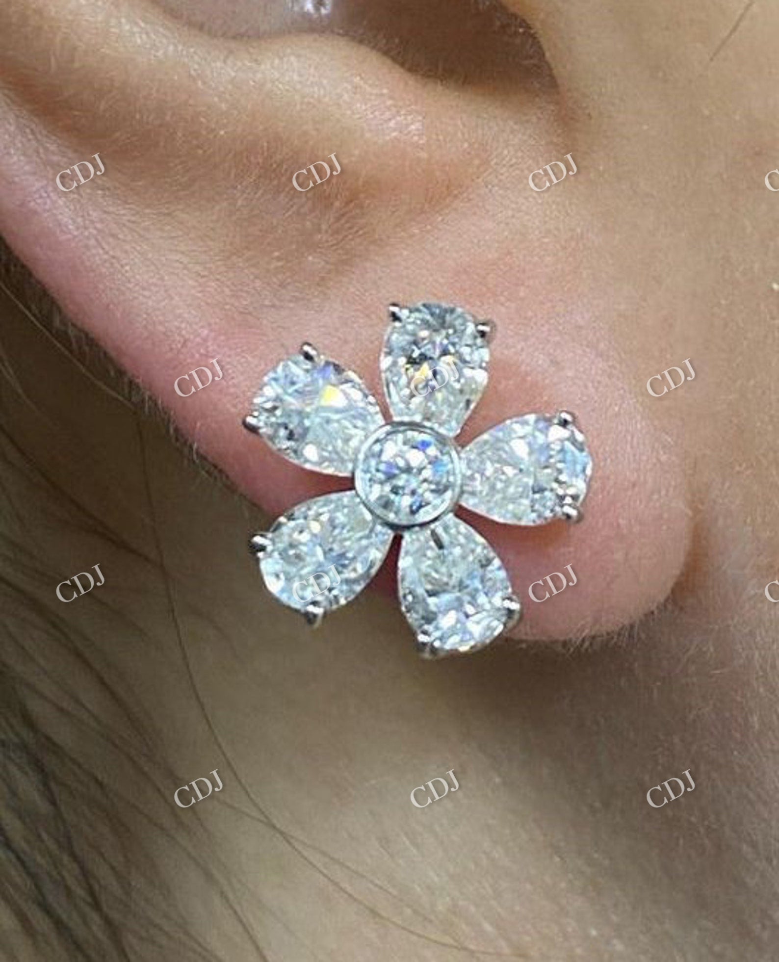 Dainty Flower Shape Round & Pear Cut Moissanite Earring  customdiamjewel   