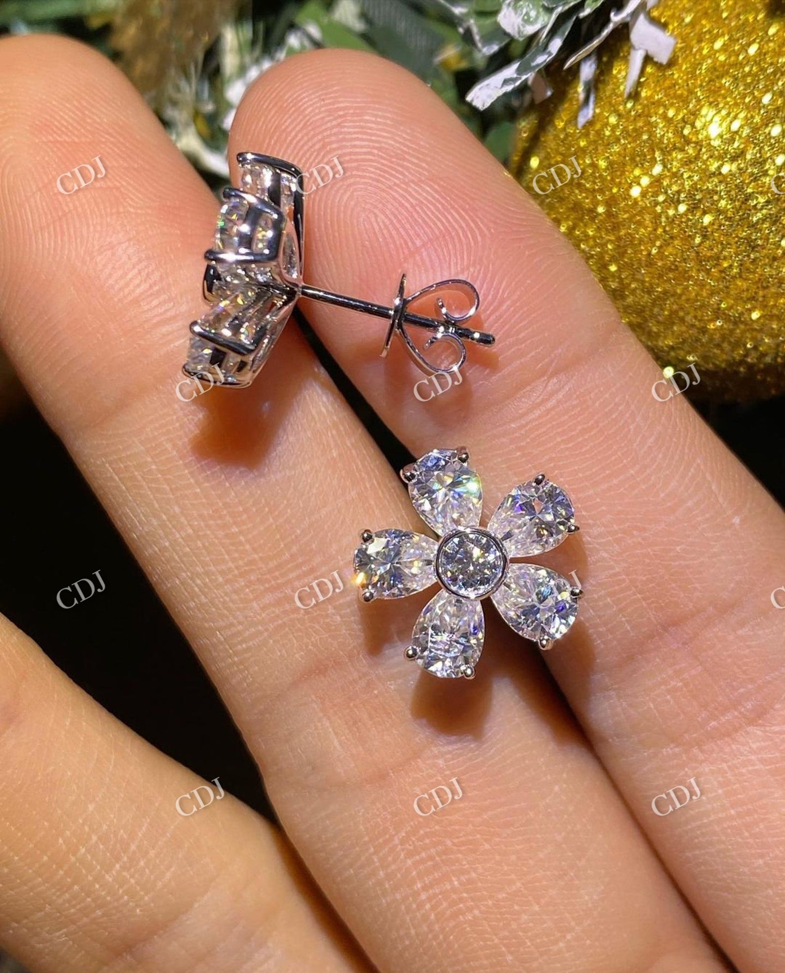 Dainty Flower Shape Round & Pear Cut Moissanite Earring  customdiamjewel   