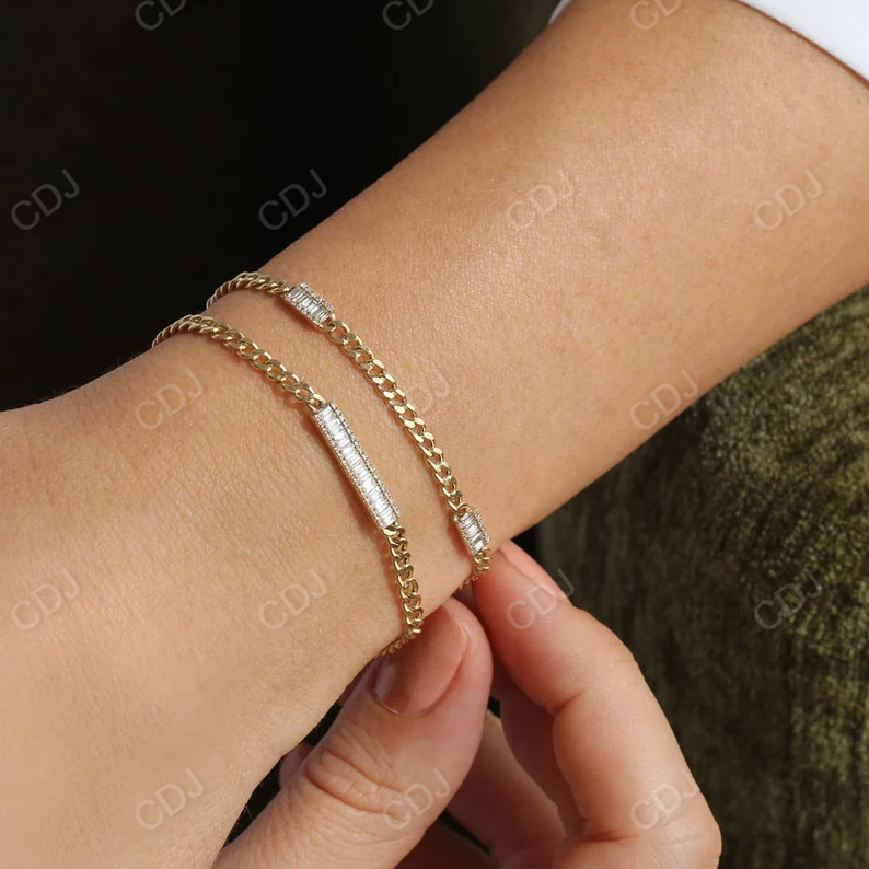 14k Gold Baguette and Round Real Diamond Curb Link Bar Bracelet  customdiamjewel   