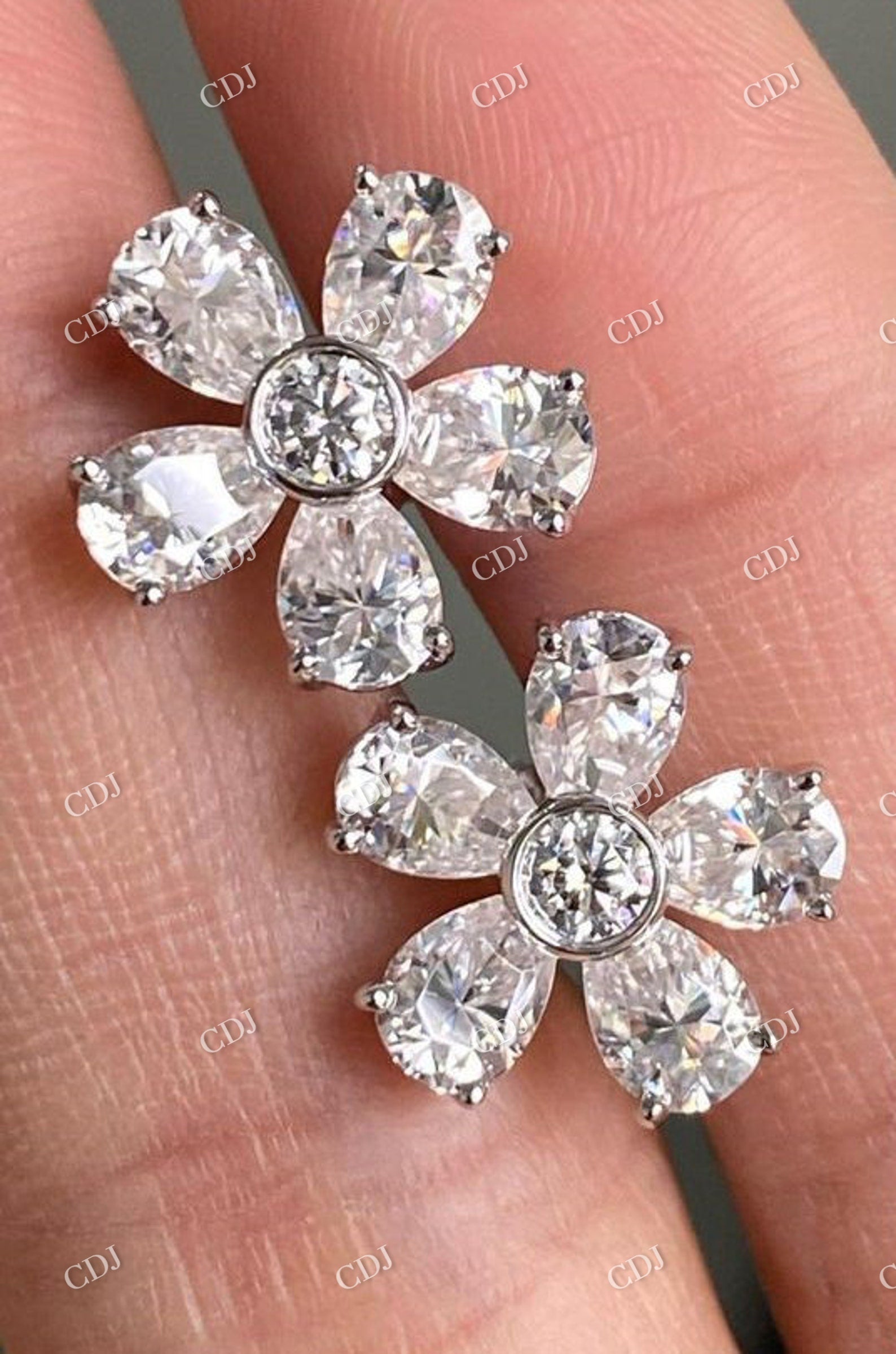 Dainty Flower Shape Round & Pear Cut Moissanite Earring  customdiamjewel   