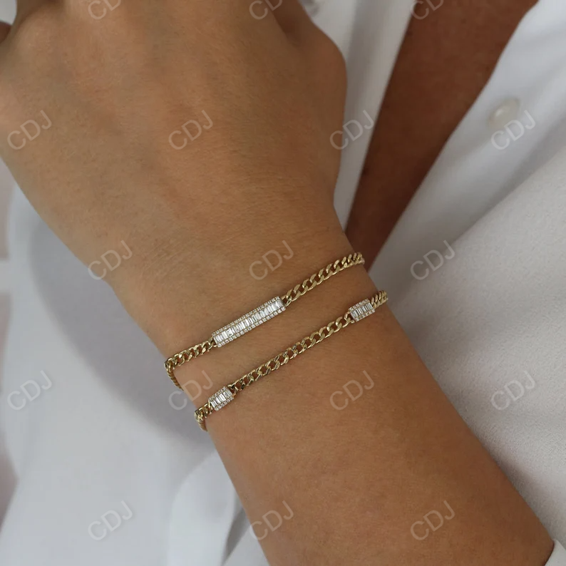 14k Gold Baguette and Round Real Diamond Curb Link Bar Bracelet  customdiamjewel   