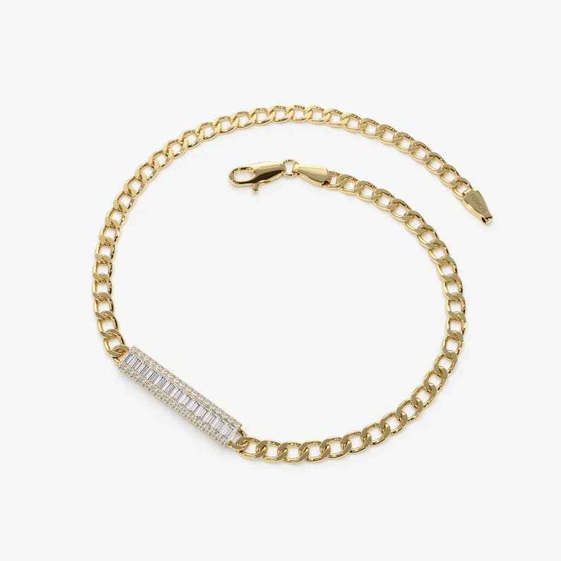 14k Gold Baguette and Round Real Diamond Curb Link Bar Bracelet  customdiamjewel   