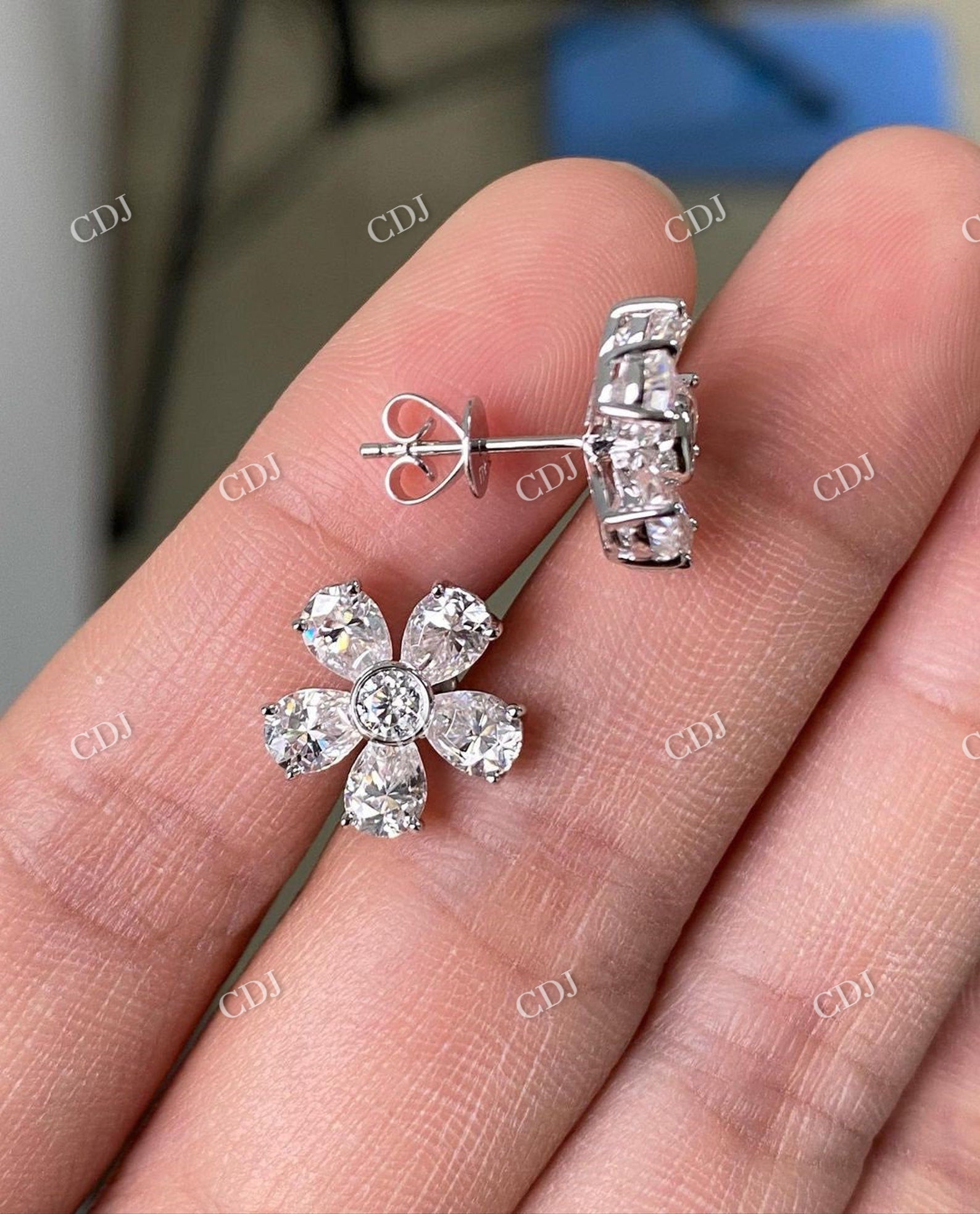 Dainty Flower Shape Round & Pear Cut Moissanite Earring  customdiamjewel   