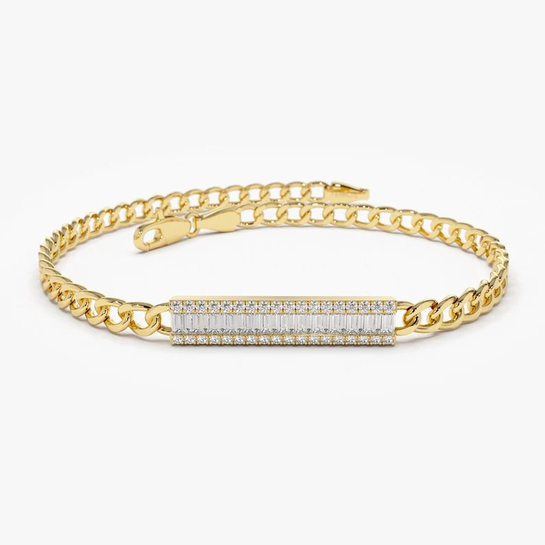 14k Gold Baguette and Round Real Diamond Curb Link Bar Bracelet  customdiamjewel 10 KT Solid Gold Yellow Gold VVS-EF