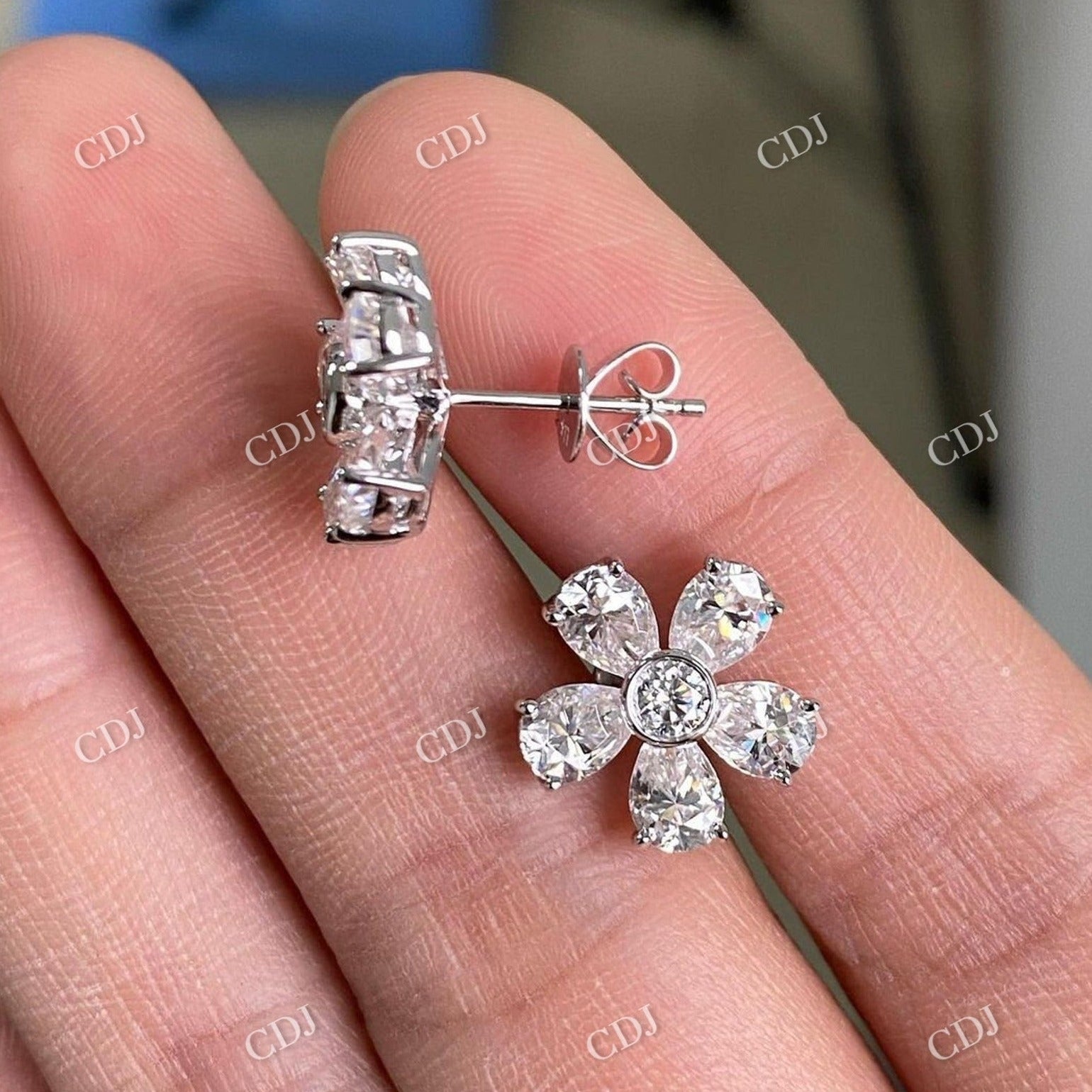 Dainty Flower Shape Round & Pear Cut Moissanite Earring  customdiamjewel Sterling Silver White Gold VVS-EF