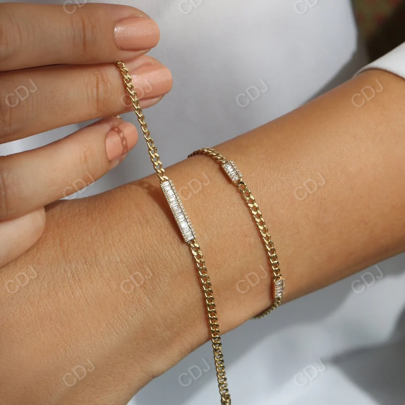 14k Gold Baguette and Round Real Diamond Curb Link Bar Bracelet  customdiamjewel   