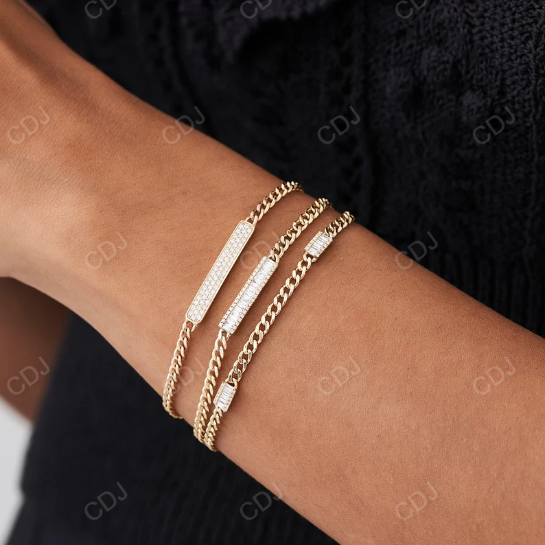 14k Gold Baguette and Round Real Diamond Curb Link Bar Bracelet  customdiamjewel   