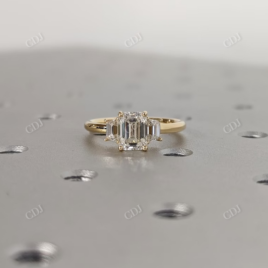 Three Stone Emerald Cut Moissanite Engagement Ring  customdiamjewel 10 KT Yellow Gold VVS-EF