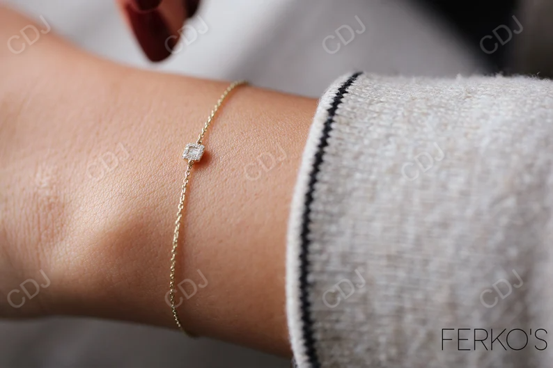 14K Gold Tiny Baguette and Round Cut Natural Diamond Bracelet  customdiamjewel   