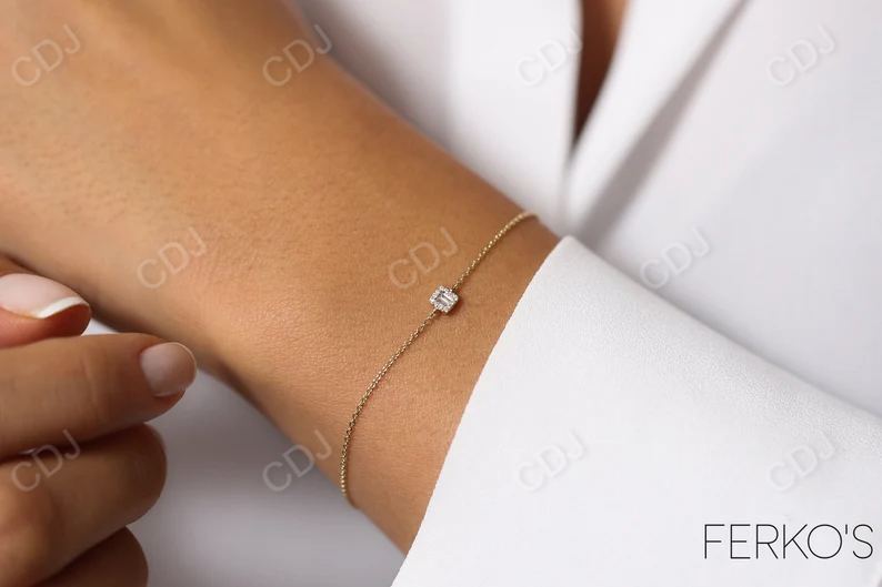 14K Gold Tiny Baguette and Round Cut Natural Diamond Bracelet  customdiamjewel   