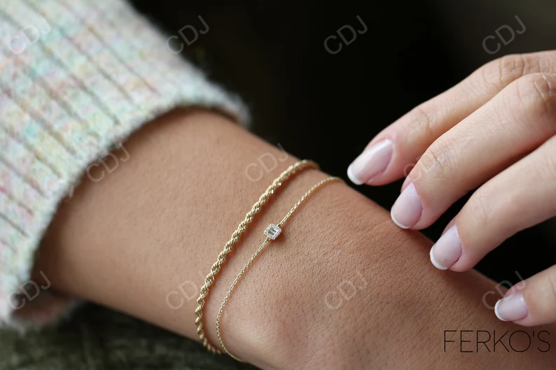 14K Gold Tiny Baguette and Round Cut Natural Diamond Bracelet  customdiamjewel   