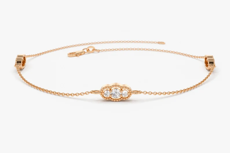 3 Station Trio Lab Grown Diamond Link Bracelet  customdiamjewel Sterling Silver Rose Gold VVS-EF