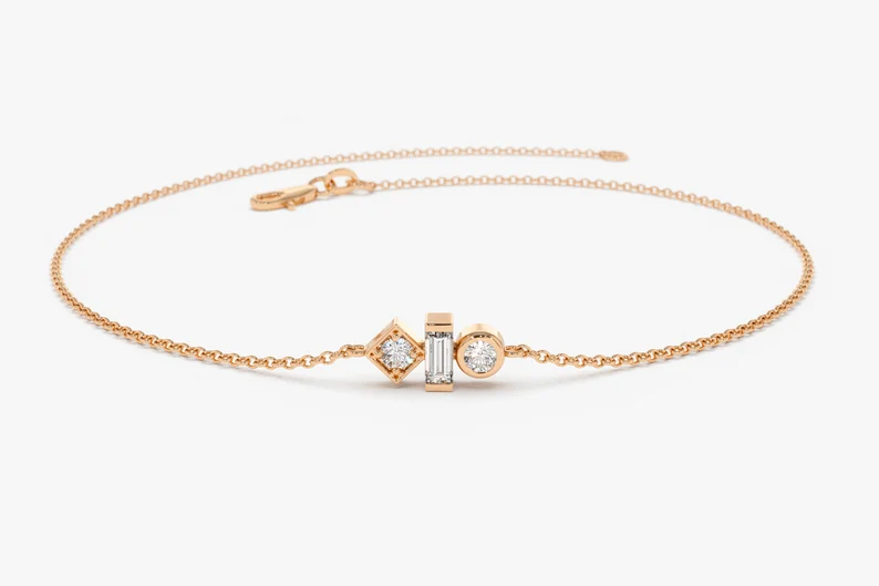 14k Gold Baguette and Round Cut Lab Diamond Bracelet  customdiamjewel Sterling Silver Rose Gold VVS-EF