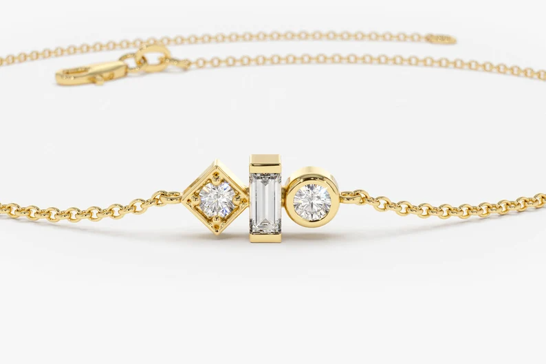 14k Gold Baguette and Round Cut Lab Diamond Bracelet  customdiamjewel   