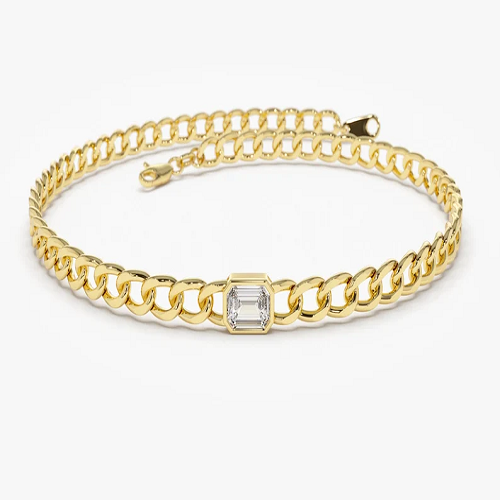 14k Gold Miami Curb Link Chain Bracelet with Bezel Setting Emerald Cut Diamond  customdiamjewel 10 KT Solid Gold Yellow Gold VVS-EF