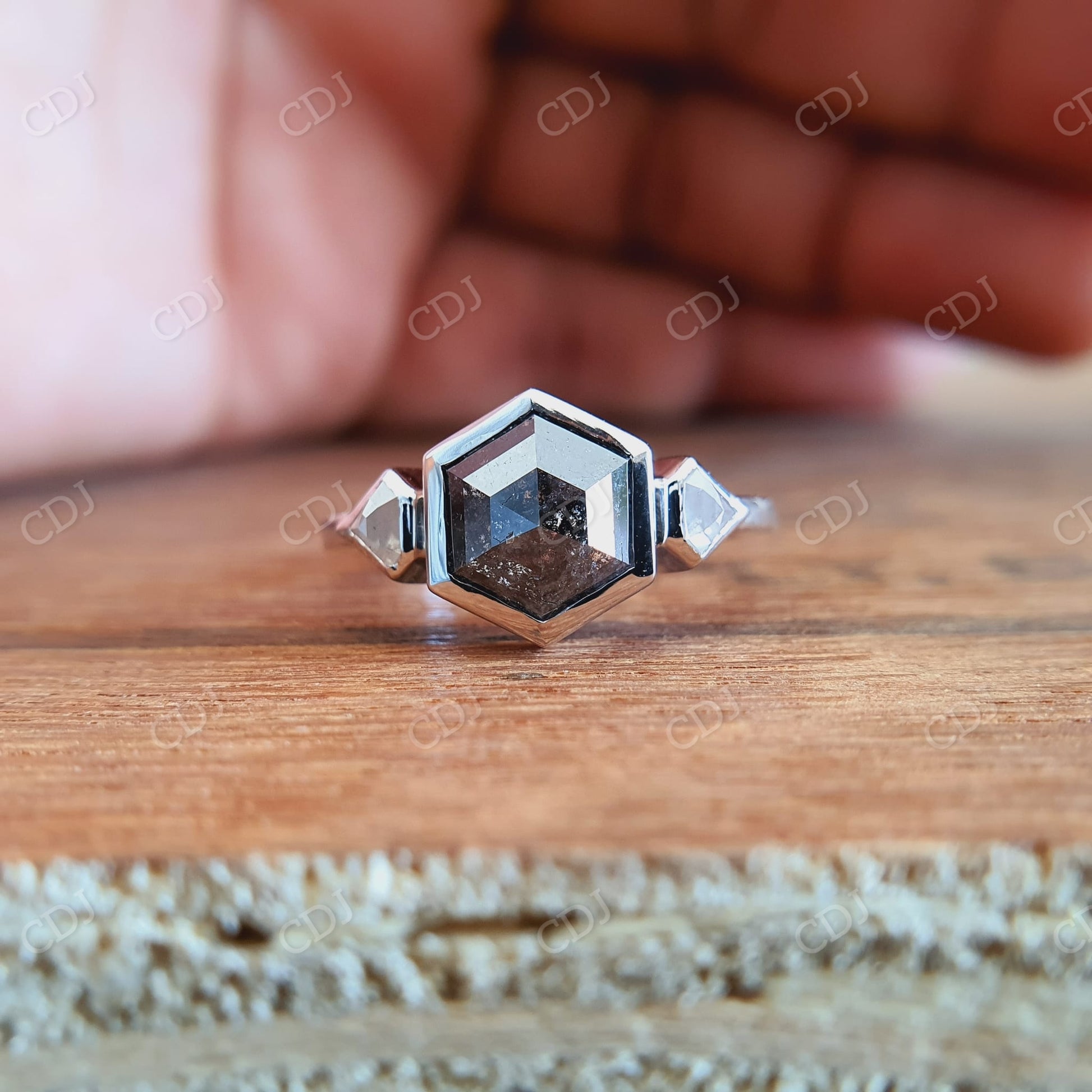 2.00CT Salt And Pepper Hexagon Natural Diamond Three Stone Engagement Ring  customdiamjewel   