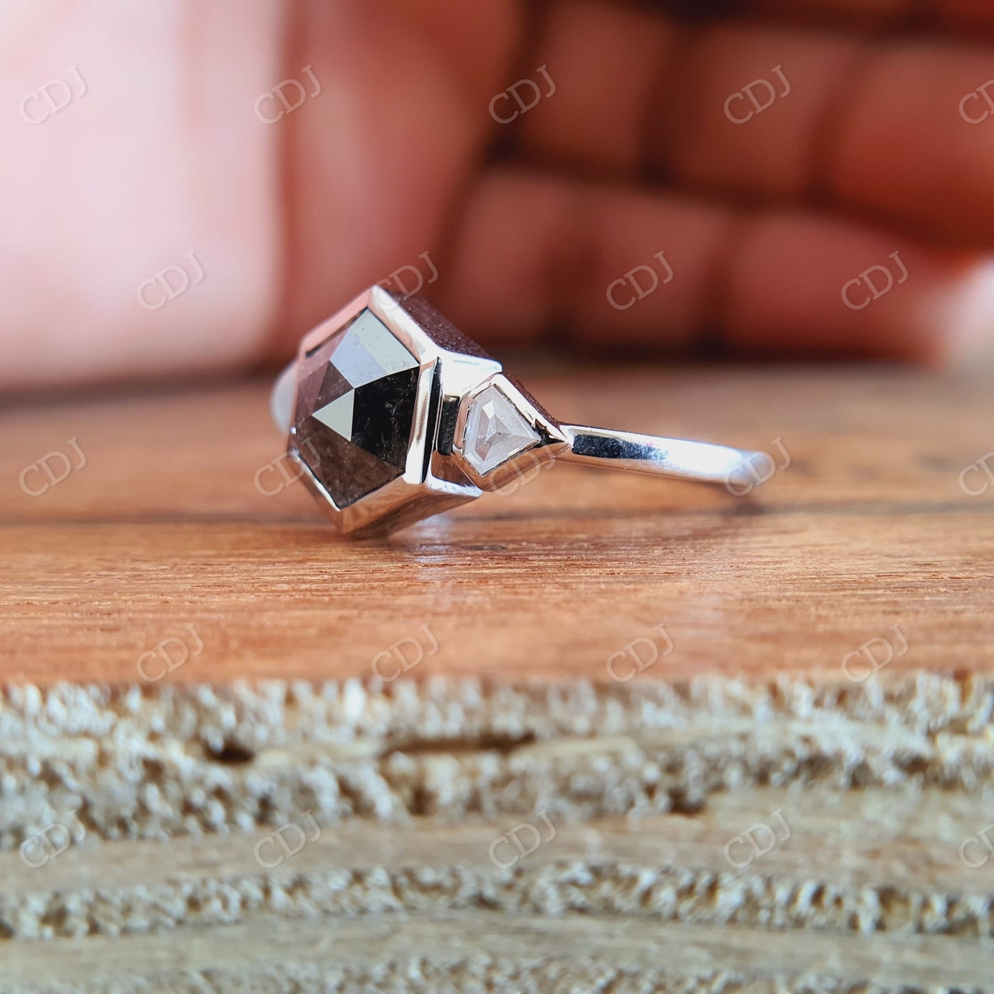 2.00CT Salt And Pepper Hexagon Natural Diamond Three Stone Engagement Ring  customdiamjewel   