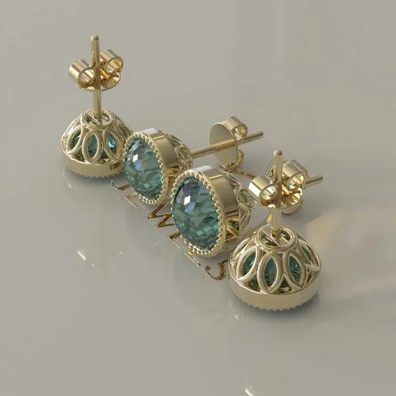 Portuguese Cut Cyan Blue Moissanite Stud Earrings  customdiamjewel   