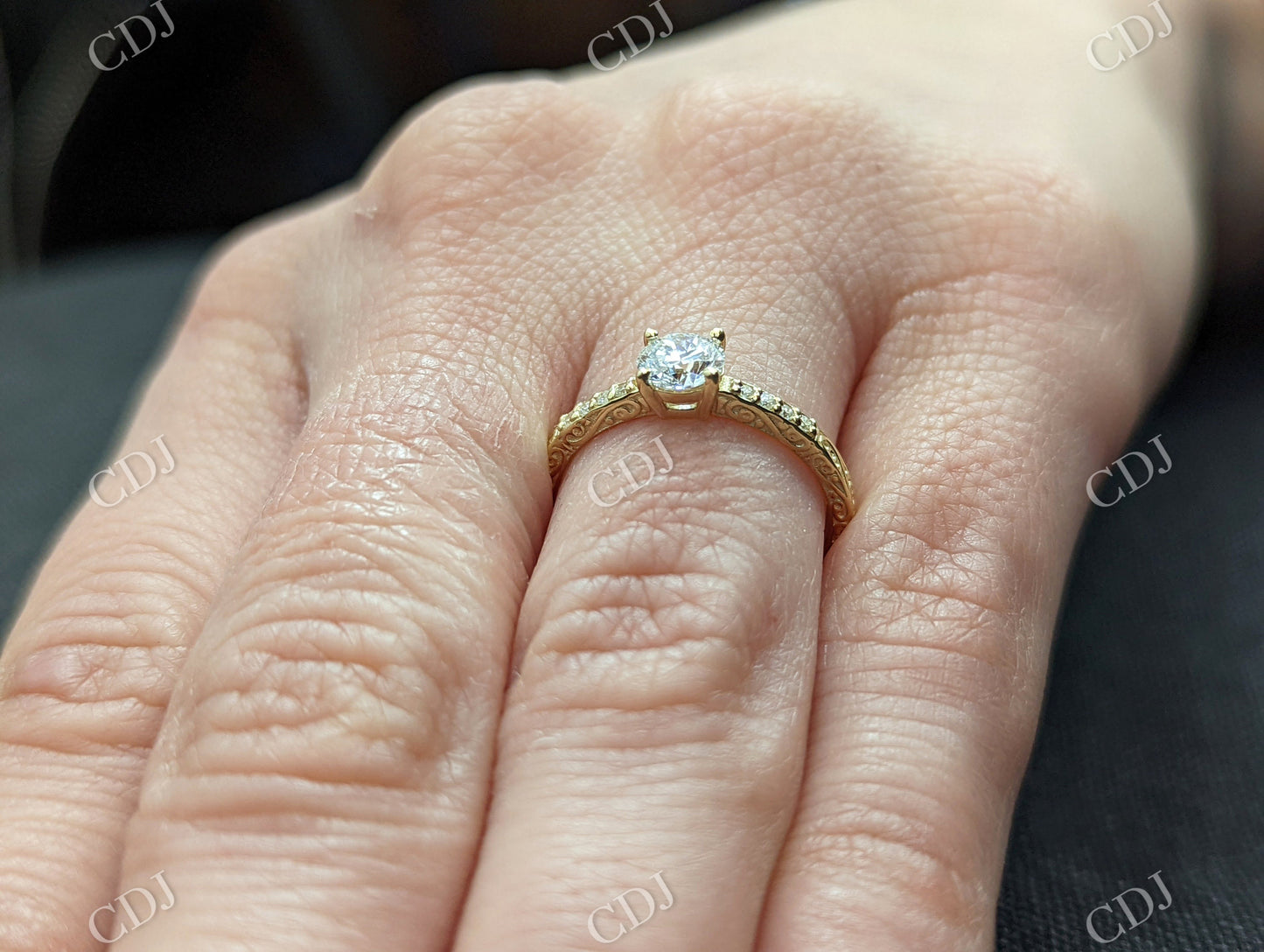 Yellow Gold Micro Pave Engraved Moissanite Engagement Ring  customdiamjewel   