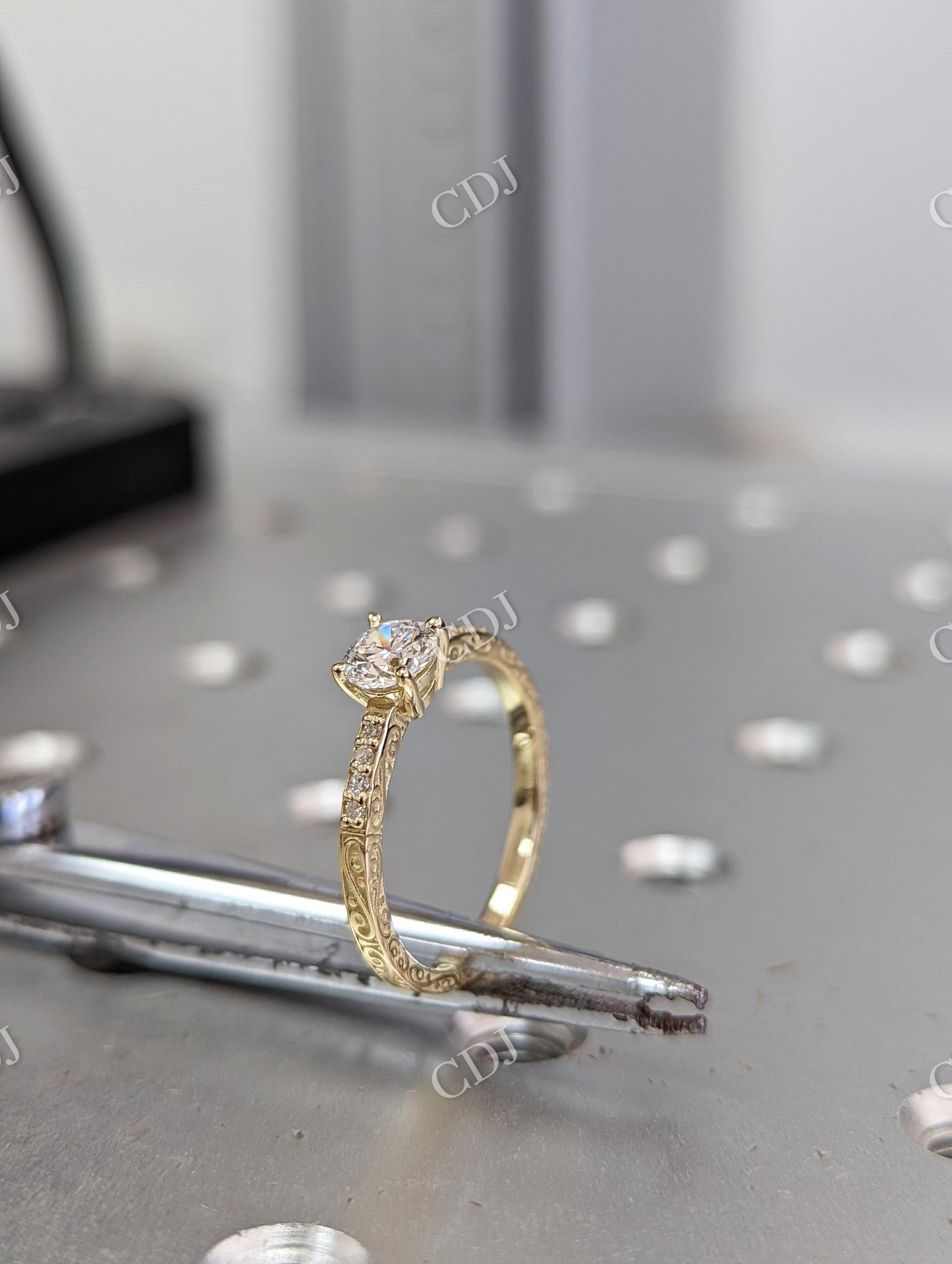 Yellow Gold Micro Pave Engraved Moissanite Engagement Ring  customdiamjewel   