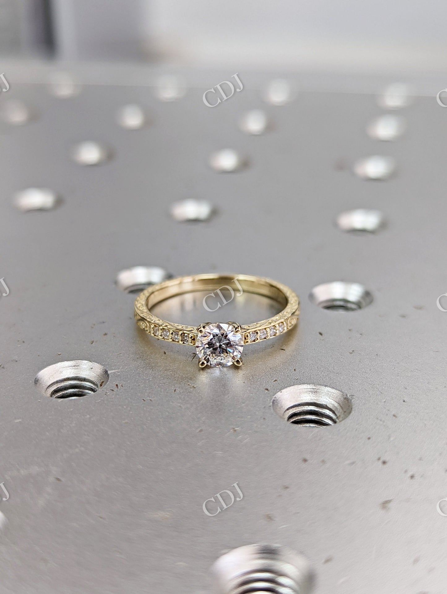 Yellow Gold Micro Pave Engraved Moissanite Engagement Ring  customdiamjewel   