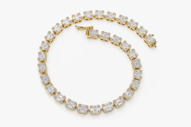 14K Solid Gold Baguette and Round Natural Diamond Bracelet  customdiamjewel   