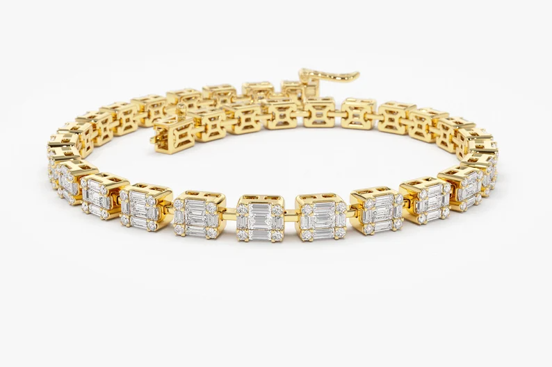 Baguette and Round Lab Grown Diamond Tennis Bracelet  customdiamjewel Sterling Silver Yellow Gold VVS-EF