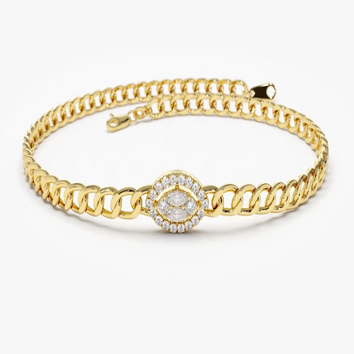 14k Gold 3MM Curb Link Marquise Diamond Illusion Setting Bracelet  customdiamjewel 10 KT Solid Gold Yellow Gold VVS-EF