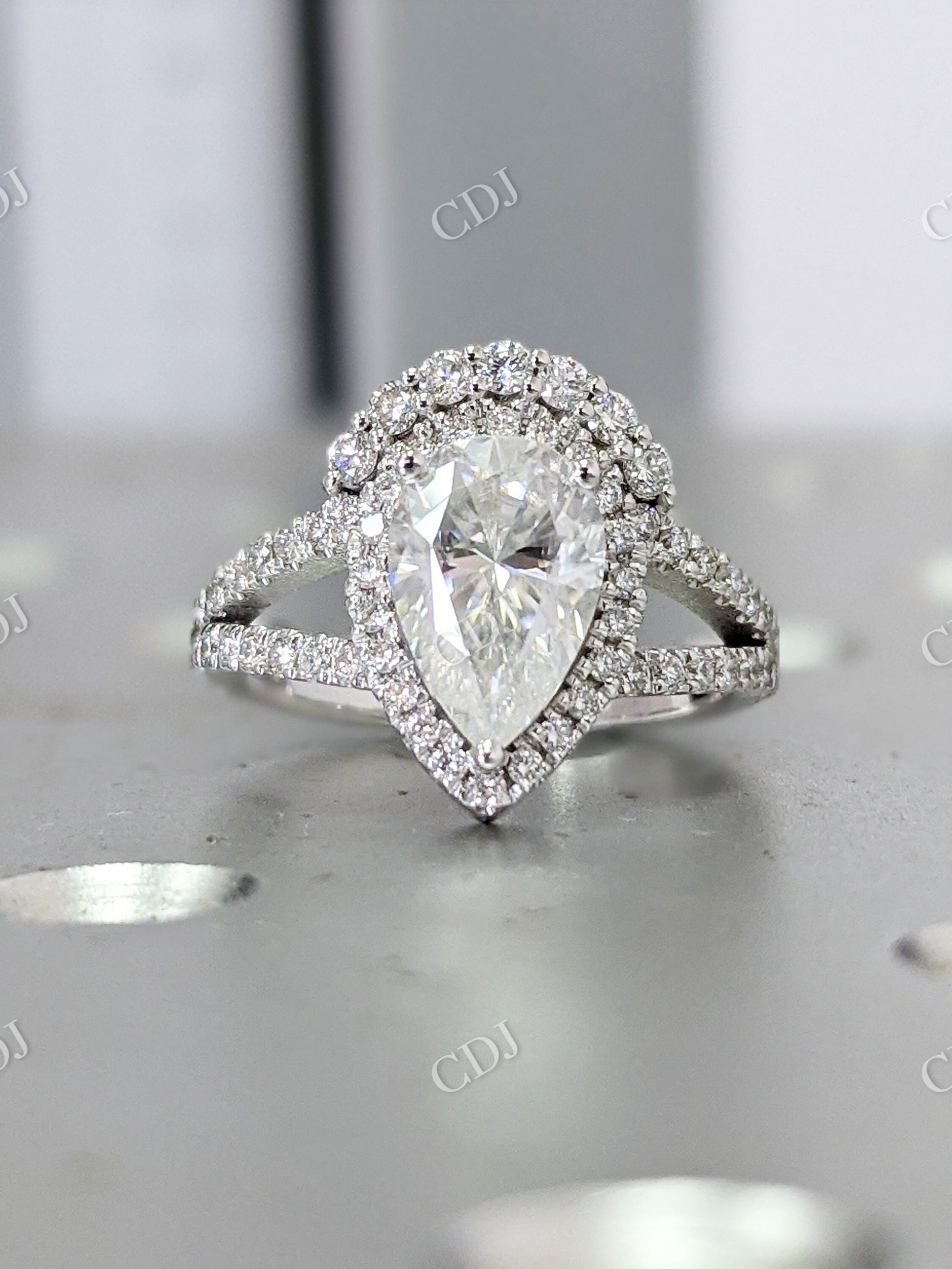 Pear Shaped Spilt Shank Halo Moissanite Engagement Ring  customdiamjewel   