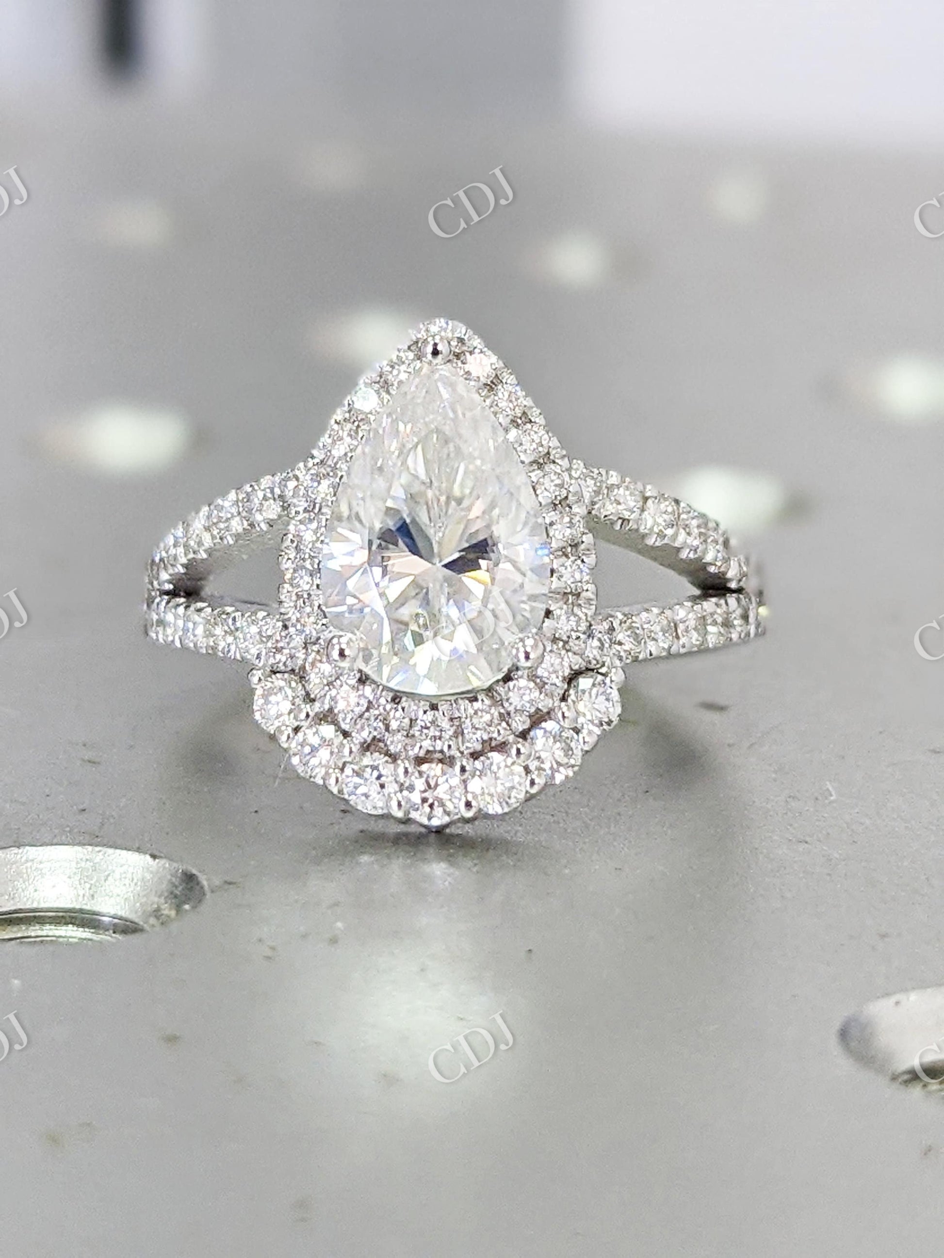 Pear Shaped Spilt Shank Halo Moissanite Engagement Ring  customdiamjewel   