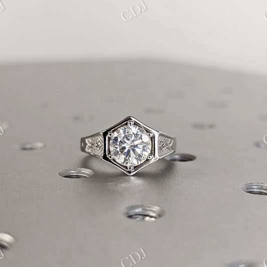 Unique Hexagon Round Moissanite Hexagon Bezel Setting Ring  customdiamjewel Sterling Silver White Gold VVS-EF