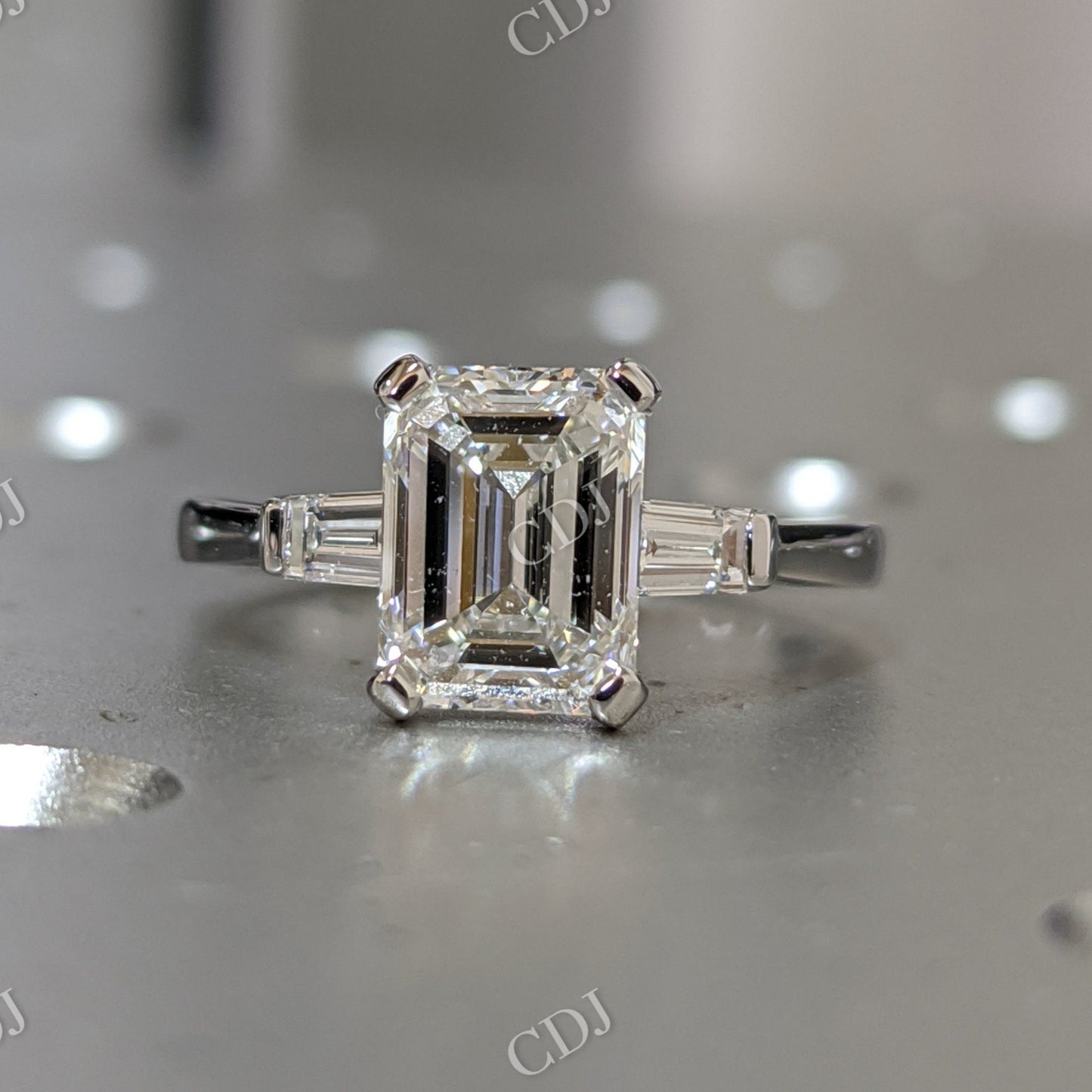 Emerald Cut Three Stone Moissanite Engagement Ring  customdiamjewel Sterling Silver White Gold VVS-EF