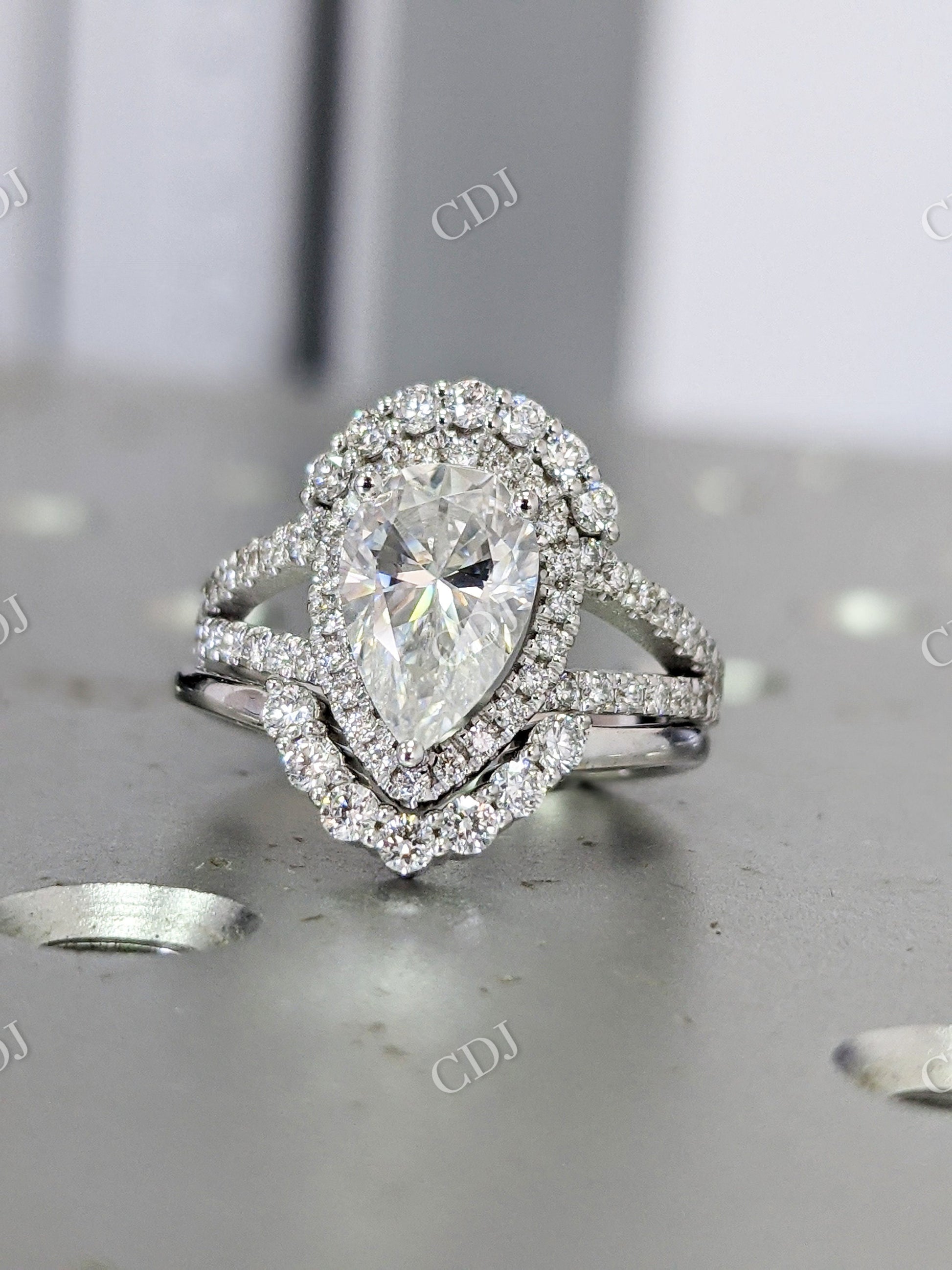 Pear Shaped Moissanite Engagement Ring Set Halo Diamond Band  customdiamjewel   