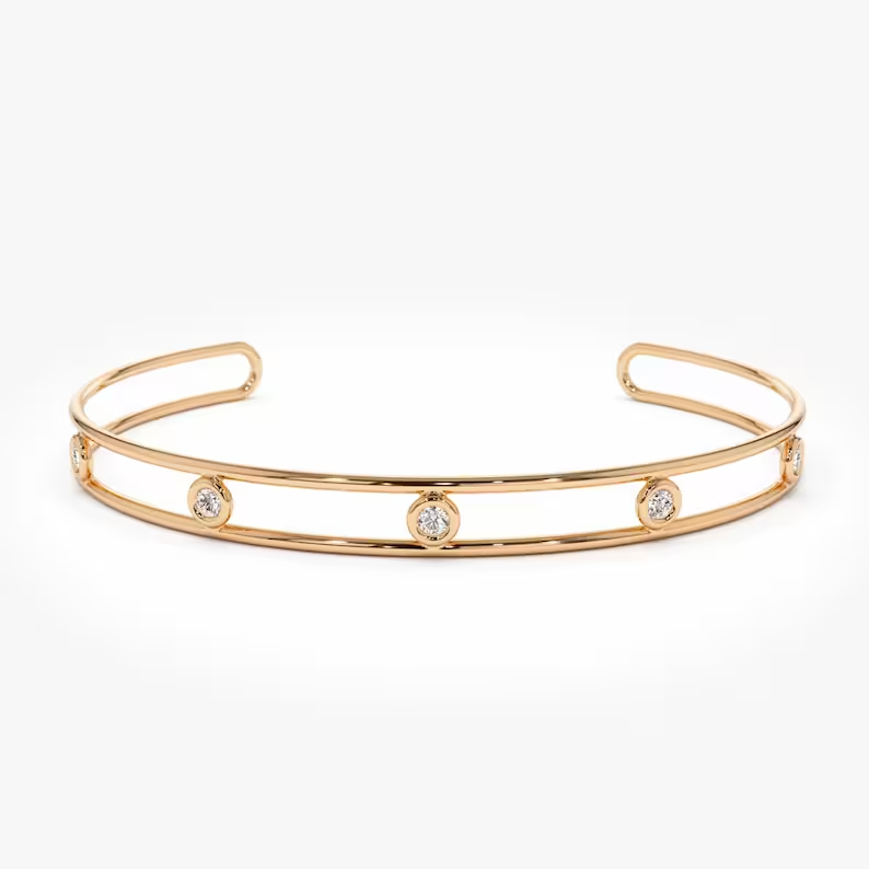 14k Gold Bezel Setting Diamond Cuff Bracelet  customdiamjewel Sterling Silver Rose Gold VVS-EF