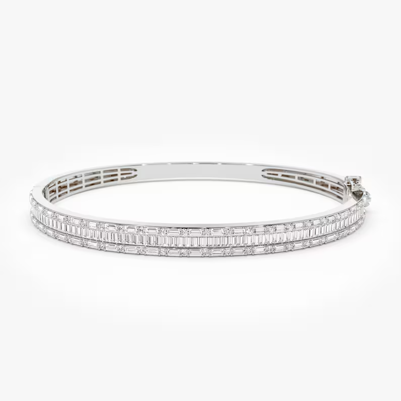 2.60ctw Baguette and Round Lab Grown Diamond Statement Bangle Bracelet  customdiamjewel Sterling Silver White Gold VVS-EF