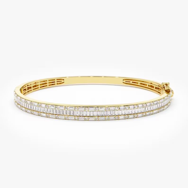 2.60ctw Baguette and Round Lab Grown Diamond Statement Bangle Bracelet  customdiamjewel Sterling Silver Yellow Gold VVS-EF