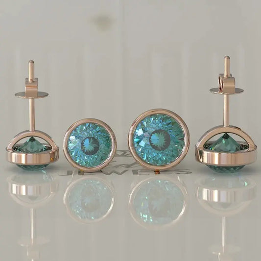 Bezel Set Portuguese Cut Cyan Blue Moissanite Stud Earrings  customdiamjewel 10KT Rose Gold VVS-EF