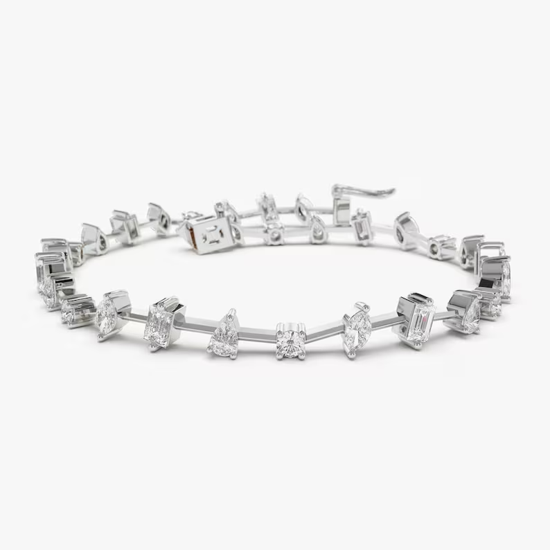 Round Marquise Baguette Pear Shape Mixed Lab Grown Diamond Bracelet  customdiamjewel Sterling Silver White Gold VVS-EF