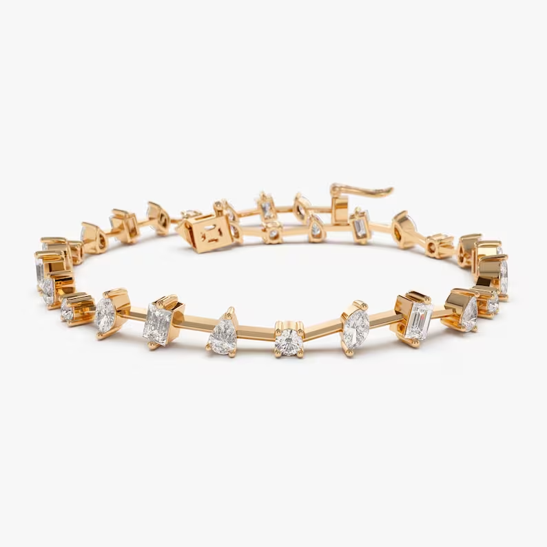 Round Marquise Baguette Pear Shape Mixed Lab Grown Diamond Bracelet  customdiamjewel Sterling Silver Rose Gold VVS-EF