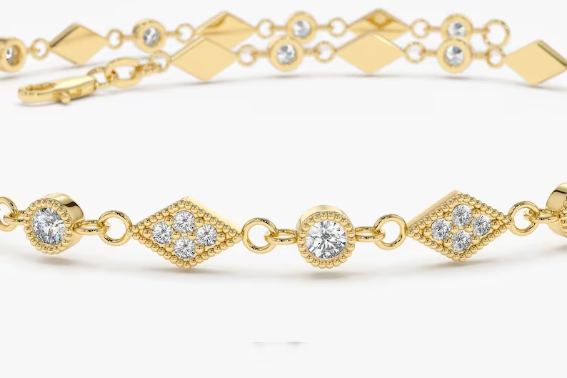 14k Gold Dainty Lab Grown diamond Bracelet with Milgrain  customdiamjewel   