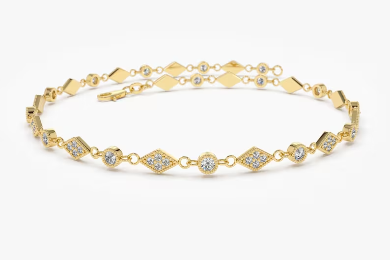 14k Gold Dainty Lab Grown diamond Bracelet with Milgrain  customdiamjewel Sterling Silver Yellow Gold VVS-EF