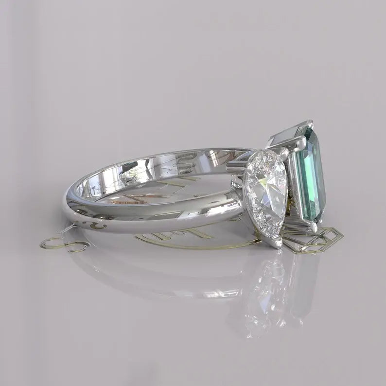 Cyan Blue Emerald Cut Toi Et Moi Moissanite Ring  customdiamjewel   