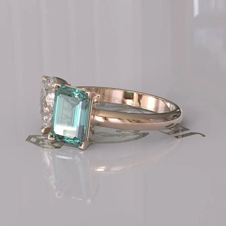 Cyan Blue Emerald Cut Toi Et Moi Moissanite Ring  customdiamjewel   