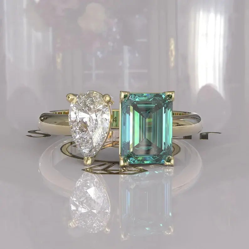 Cyan Blue Emerald Cut Toi Et Moi Moissanite Ring  customdiamjewel 10KT Yellow Gold VVS-EF